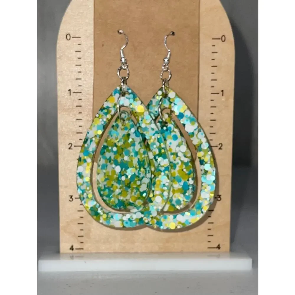 Handmade epoxy resin large teardrop dangle earrings-turquoise yellow white‎